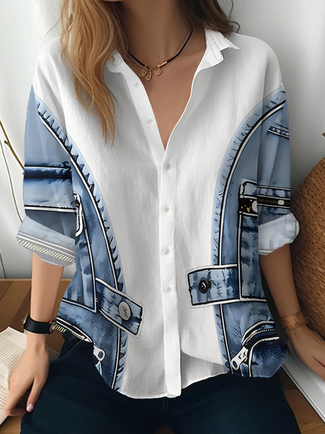 Alfiya - Long Sleeve Shirt With Denim Vest Pocket
