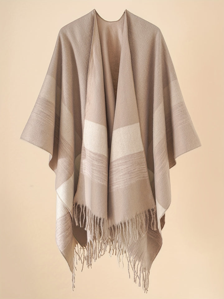 Kyrine - Geometric Pattern Fringed Poncho Shawl Wrap