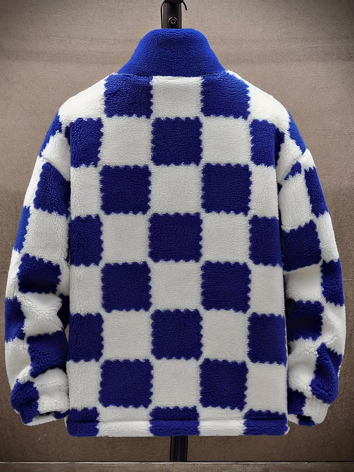 Melany - Hooded Zip Up Checkered Fleece Jacket