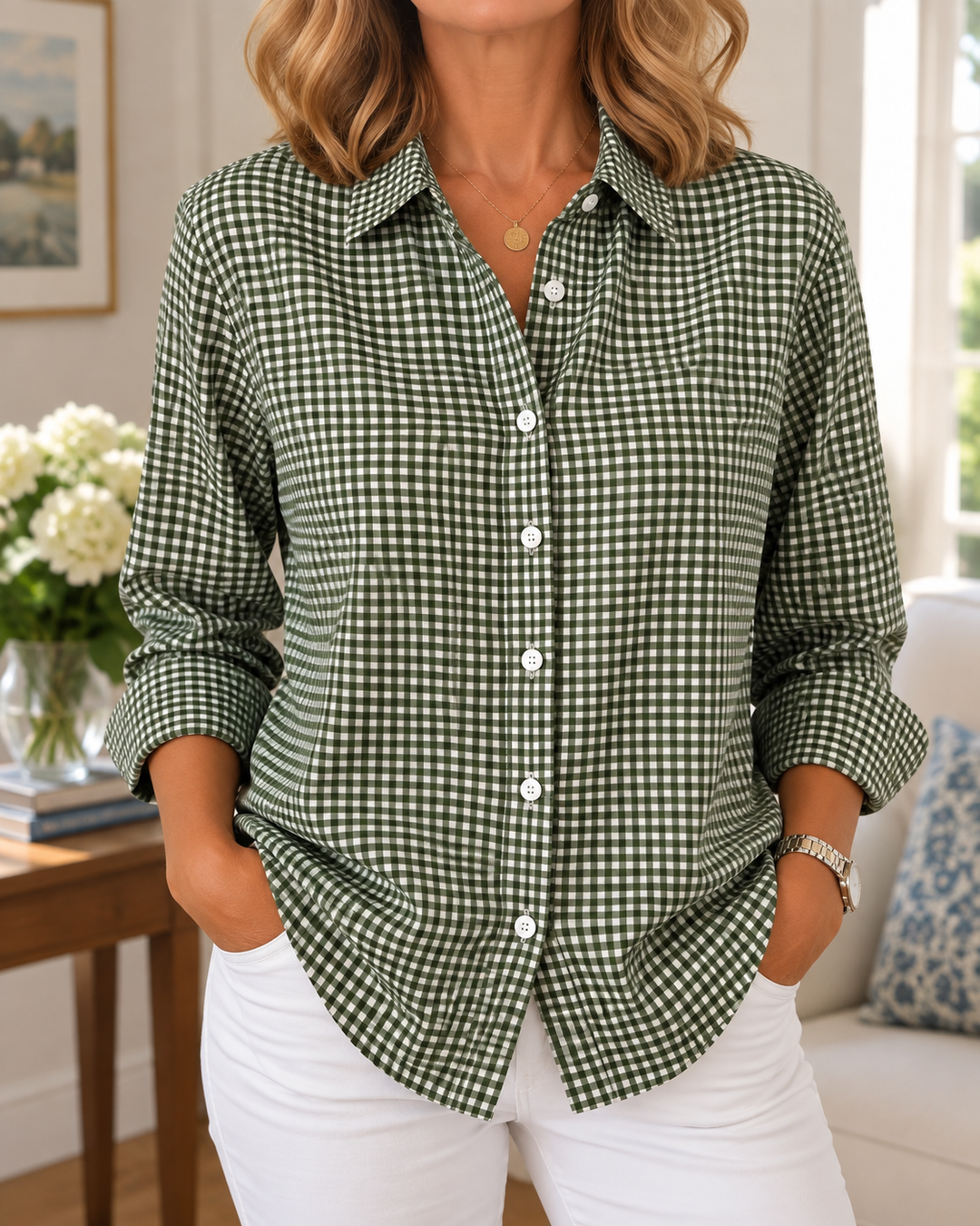 Colien - Long Sleeve Gingham Button Up Shirt