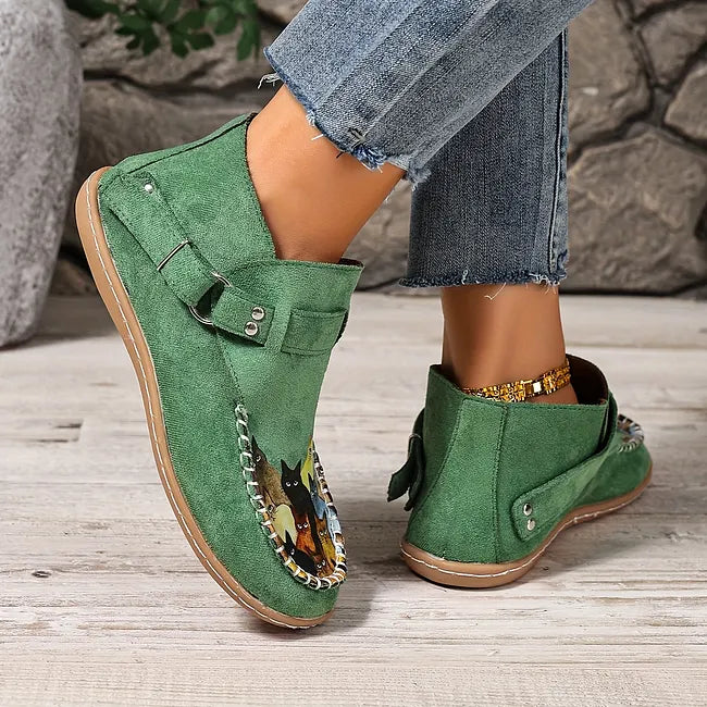 Viktoriy - Cat Print Flat Ankle Boots with Buckle