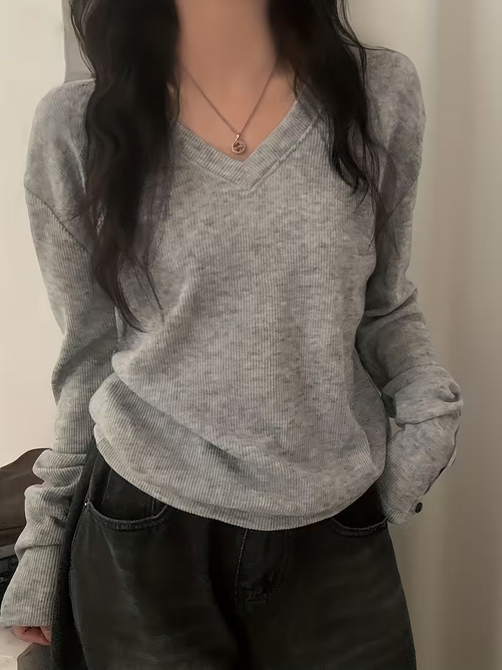 Kebina - V-neck Ribbed Button Cuff Sweater