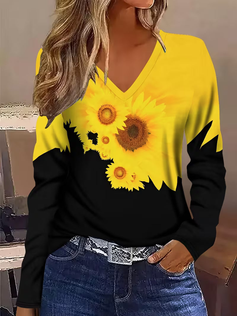 Olina - Long Sleeve Top With Sunflower Print