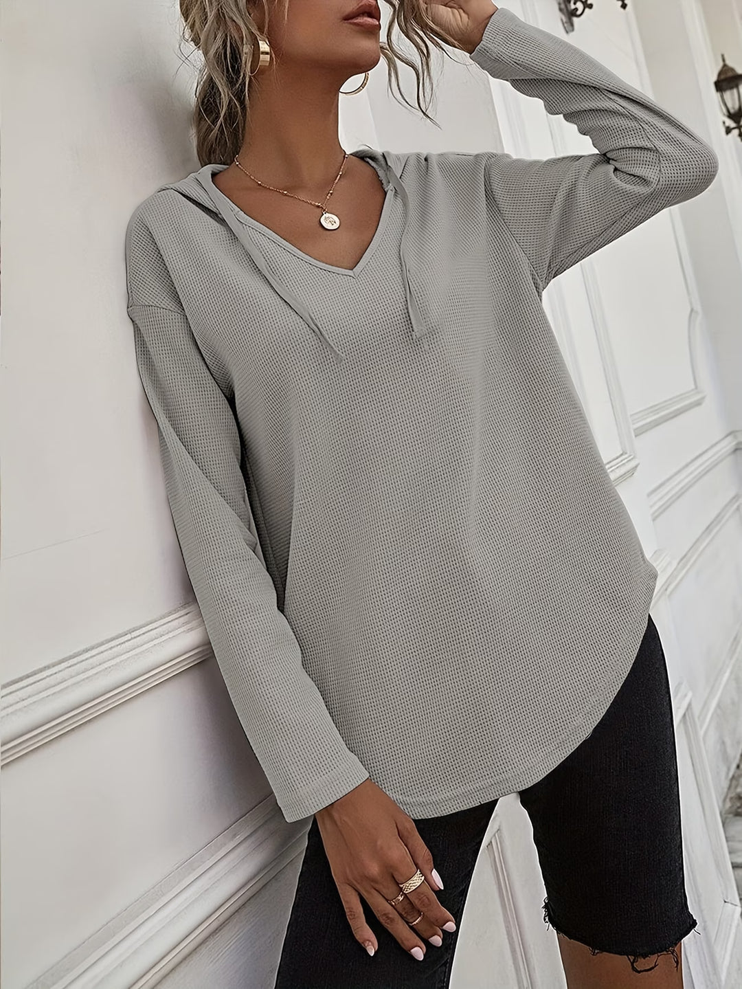 Seonie - Long Sleeve V Neck Hoodie