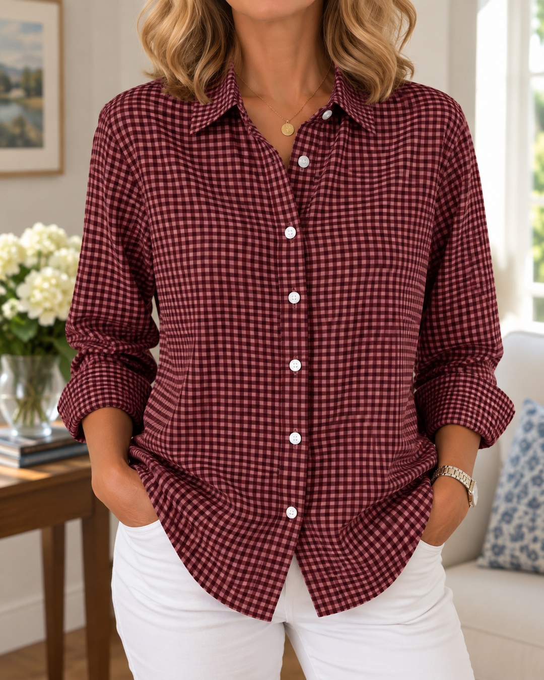 Colien - Long Sleeve Gingham Button Up Shirt