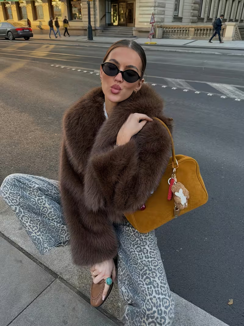 Jorida - Faux Fur Oversized Cropped Lapel Jacket