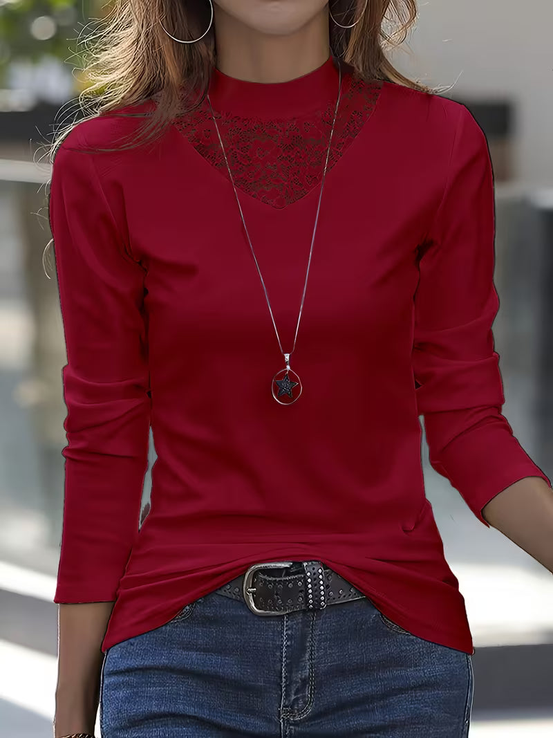 Serija - Long Sleeve Top With Lace Neckline