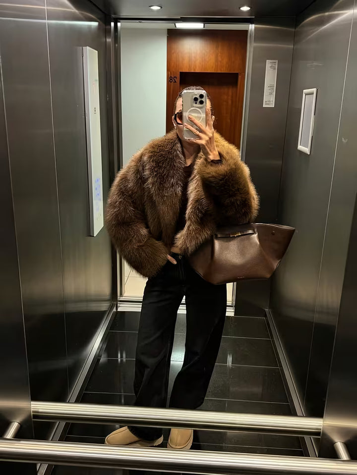 Jorida - Faux Fur Oversized Cropped Lapel Jacket