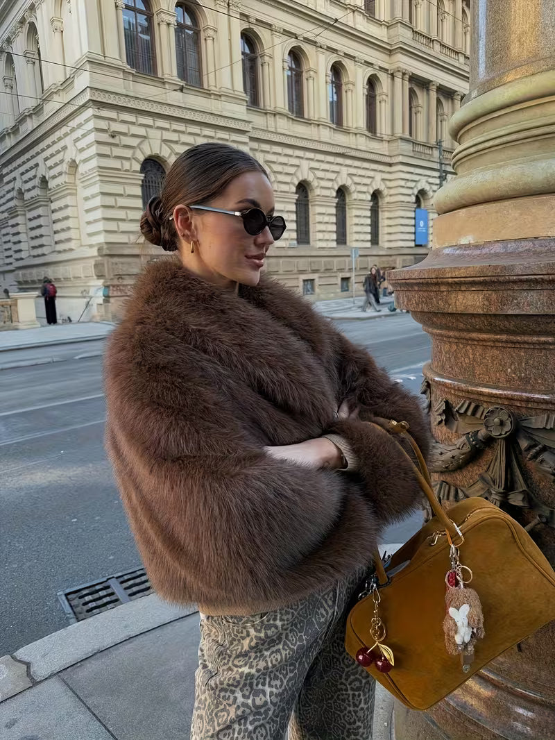 Jorida - Faux Fur Oversized Cropped Lapel Jacket