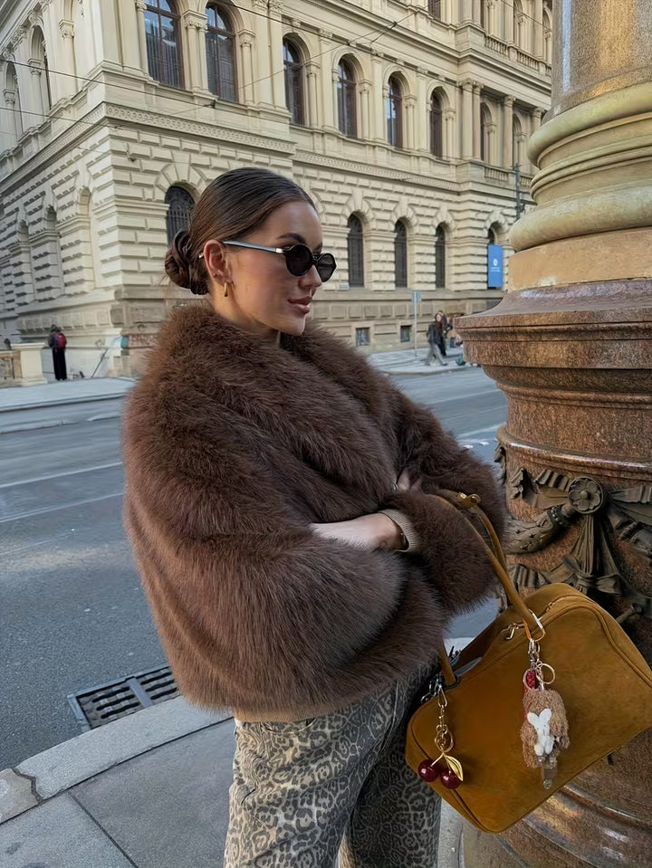 Jorida - Faux Fur Oversized Cropped Lapel Jacket