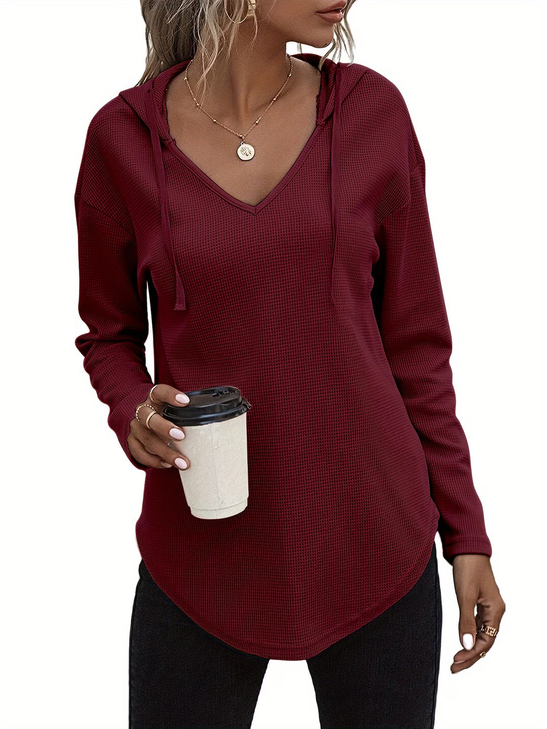 Seonie - Long Sleeve V Neck Hoodie