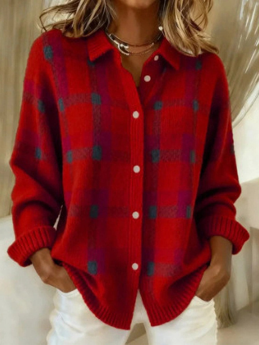 Ratri - Plaid Button-Up Knit Cardigan