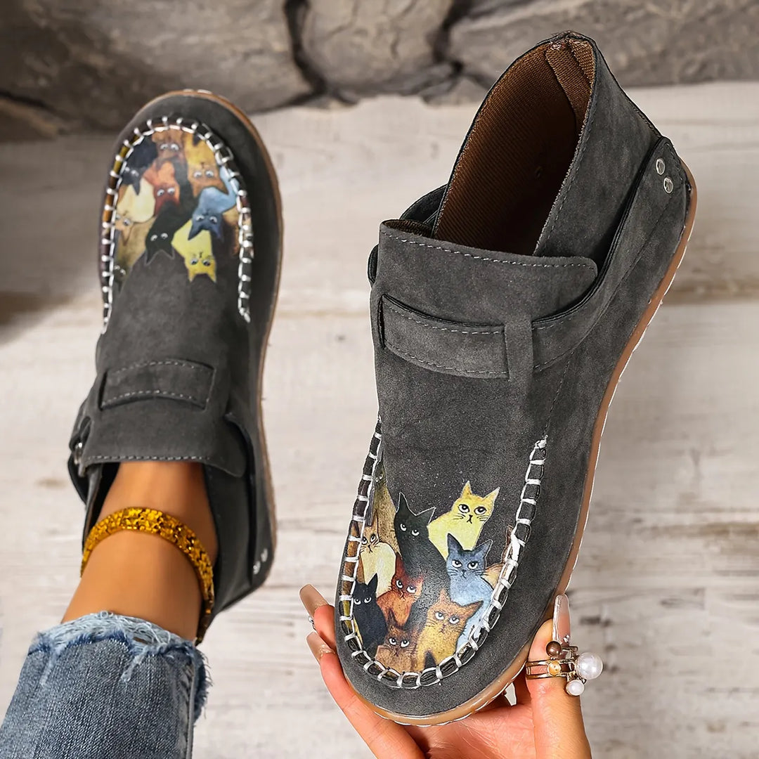 Viktoriy - Cat Print Flat Ankle Boots with Buckle