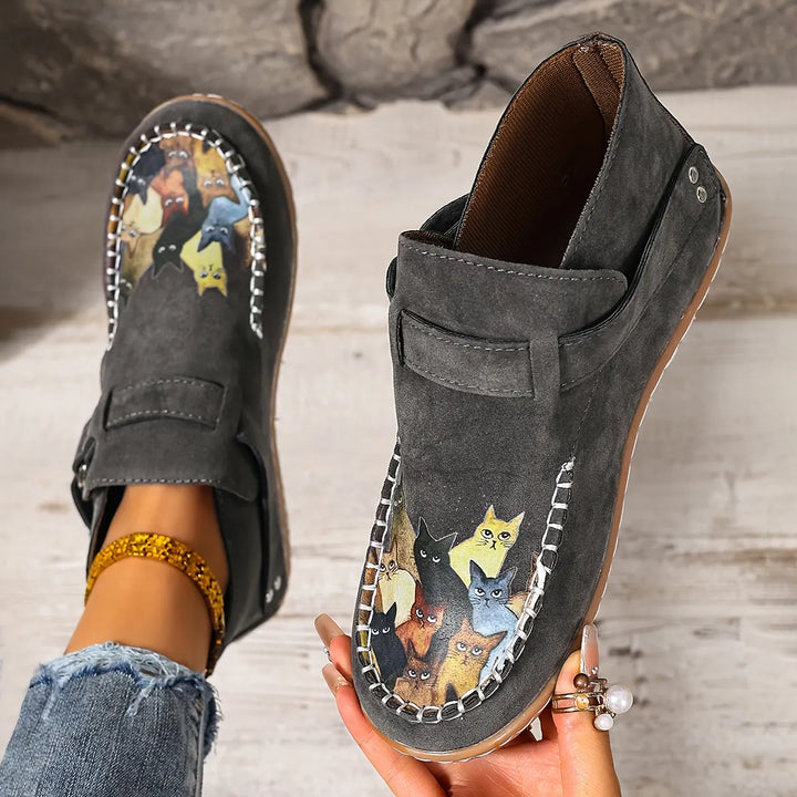 Viktoriy - Cat Print Flat Ankle Boots with Buckle