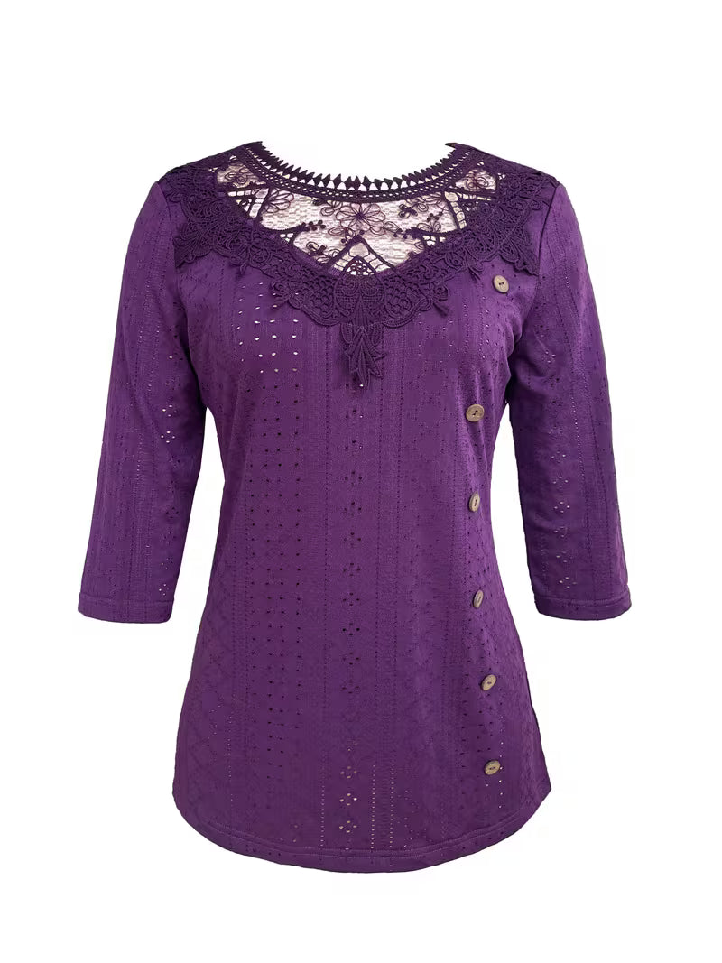 Leyana - Contrast Lace Button Decor Top