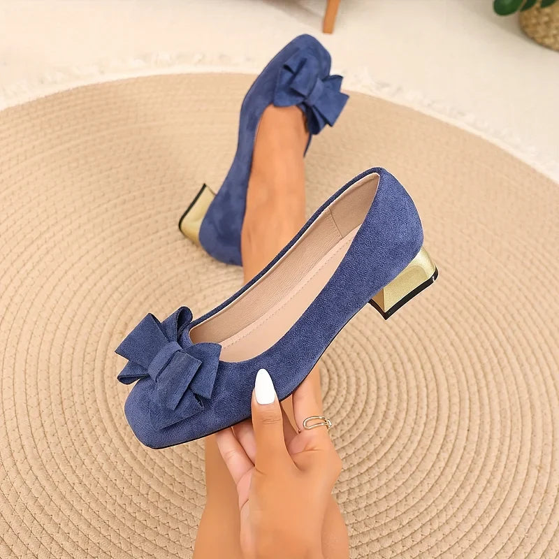 Silvie - Elegant Bow Low Block Heel Pumps