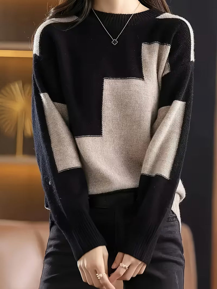 Marvelle - Color Block Crew Neck Long Sleeve Sweater