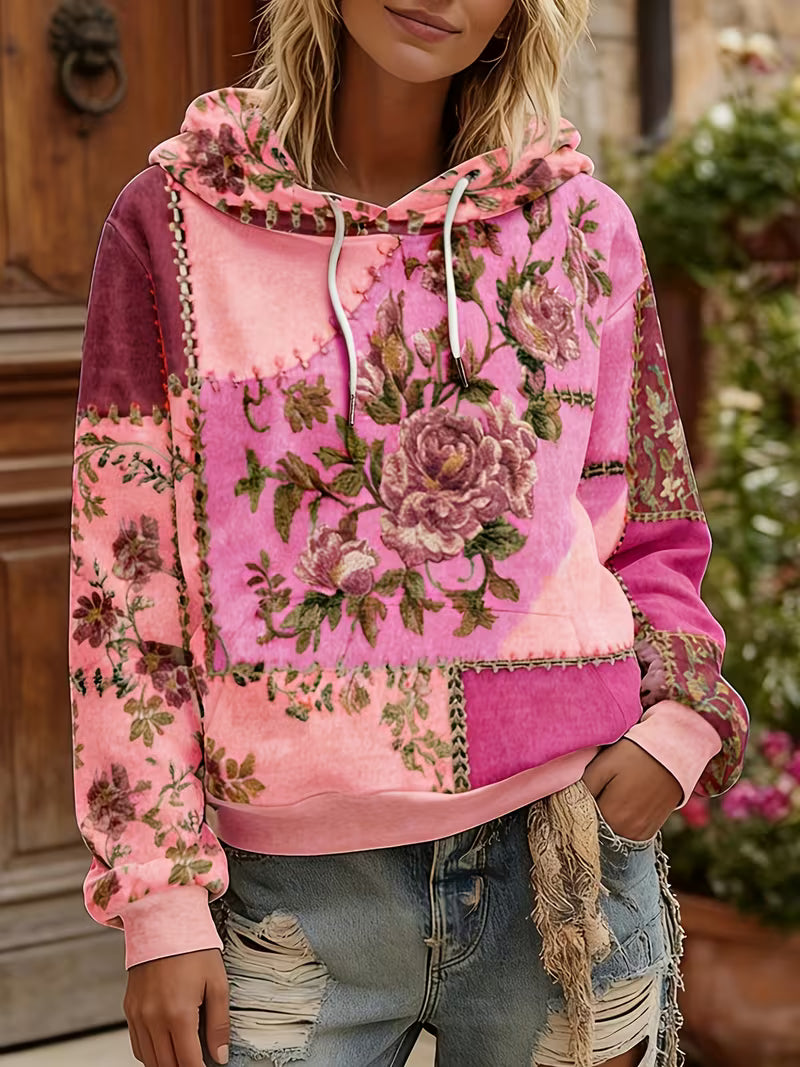 Norella - Floral Patchwork Long Sleeve Hooded Top