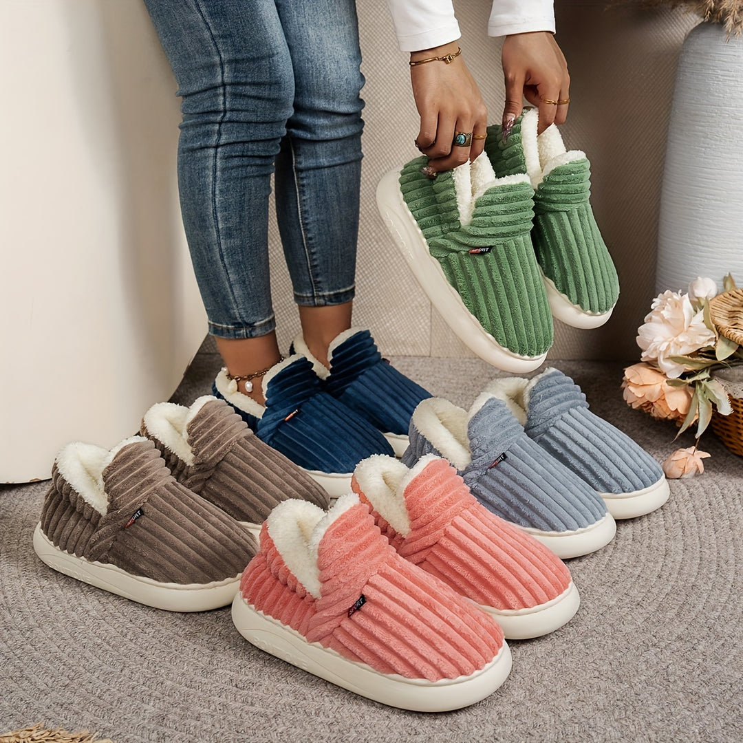 Keziban - Ribbed Slip-On Slippers With Plush Lining
