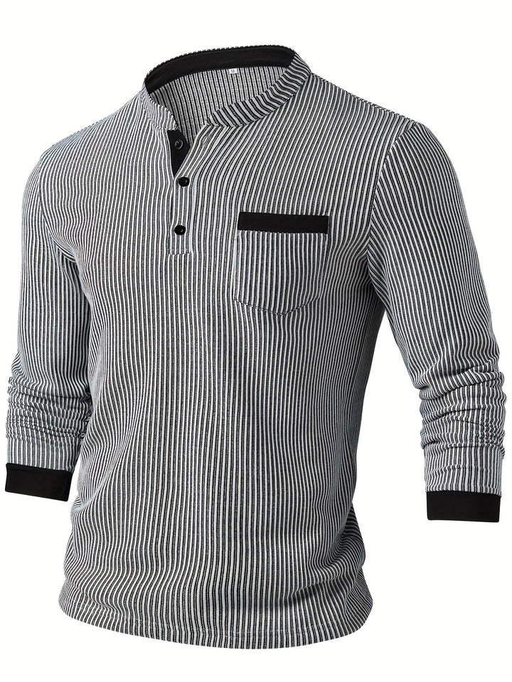 Deegan - Textured Striped Collar Long Sleeve Henley Shirt