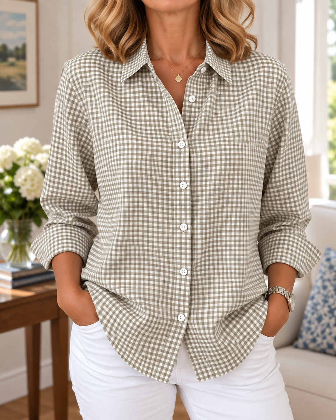 Colien - Long Sleeve Gingham Button Up Shirt