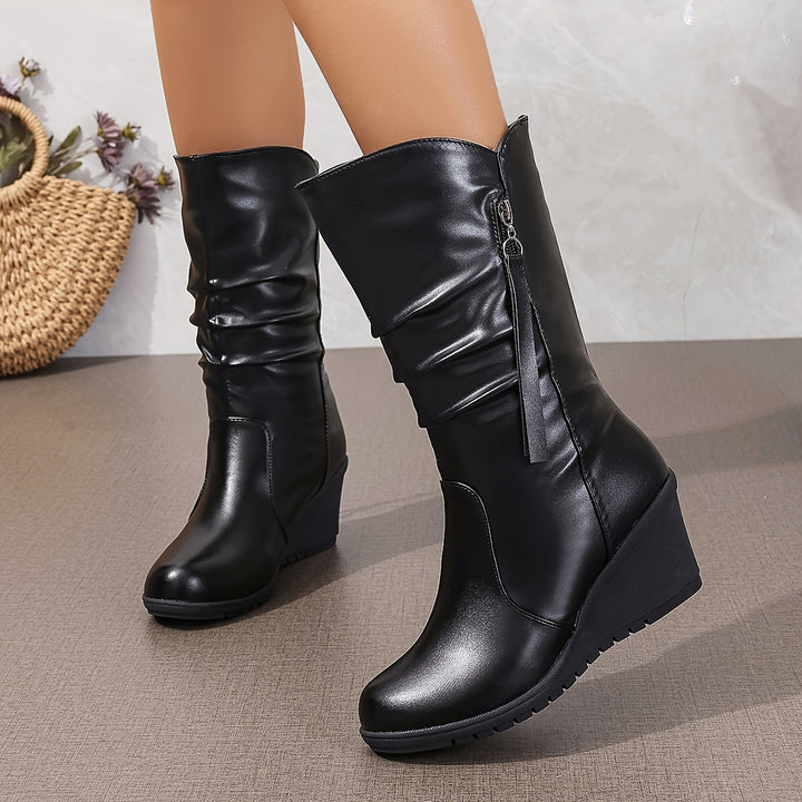 ladymia - Mid-Calf Thick Sole Heel Ruffle Boots