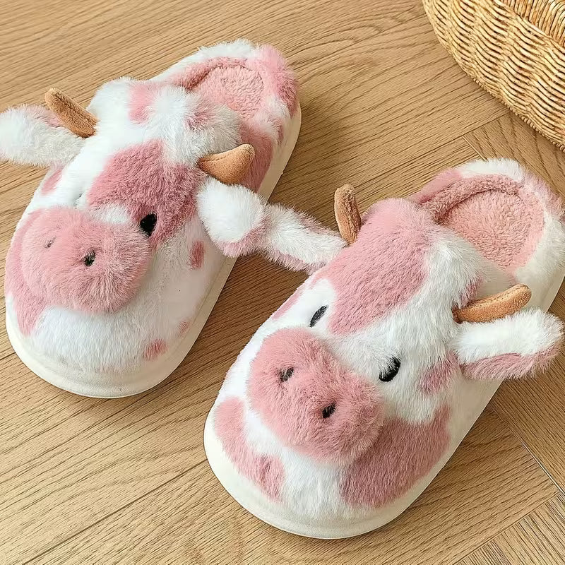 Faliza - Spotted Cow Print Plush Indoor Slippers