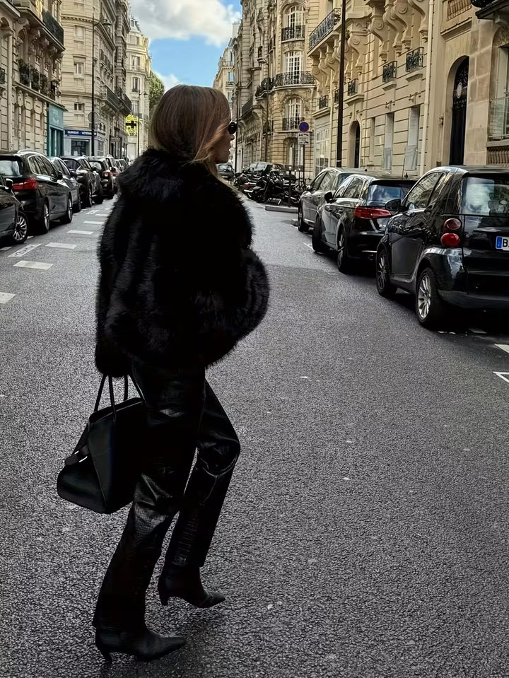 Jorida - Faux Fur Oversized Cropped Lapel Jacket