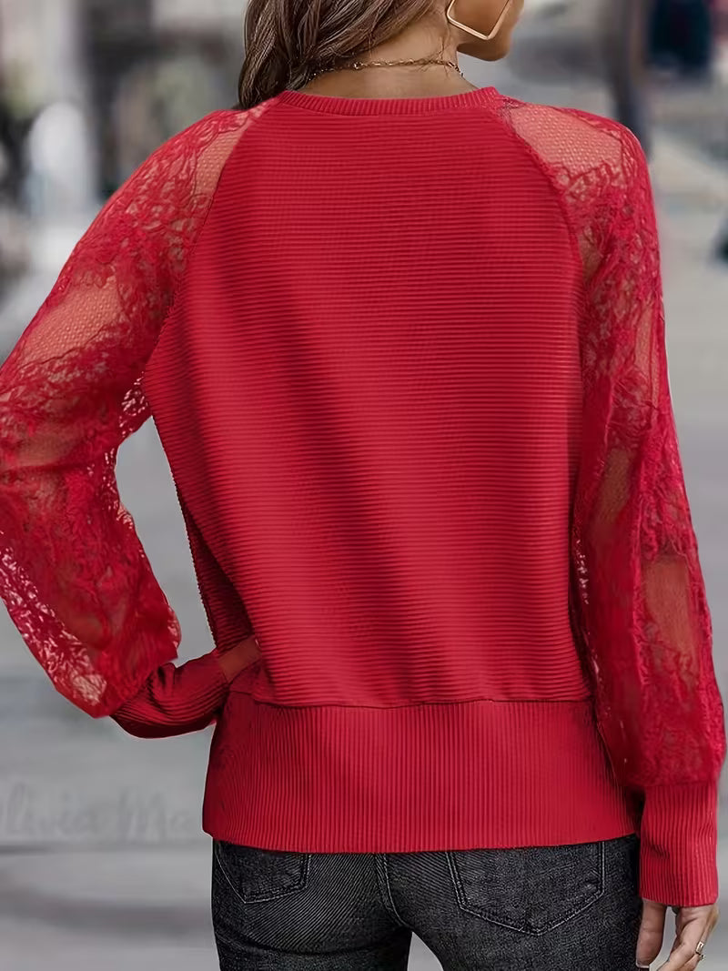 Shina - V-Neck Lace Sleeve Ribbed Top