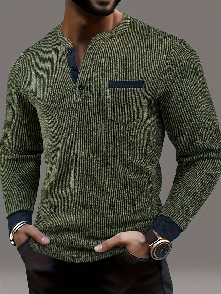 Deegan - Textured Striped Collar Long Sleeve Henley Shirt
