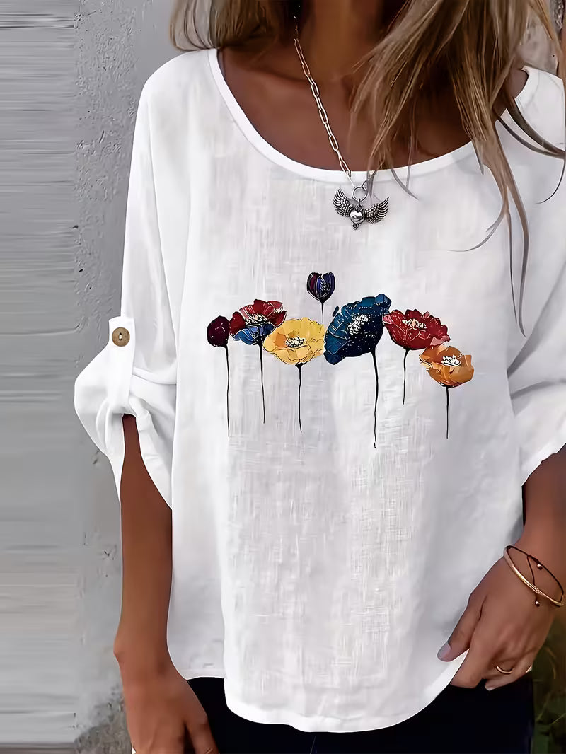 Sheril - Floral Print Roll-Tab Sleeve Loose Top
