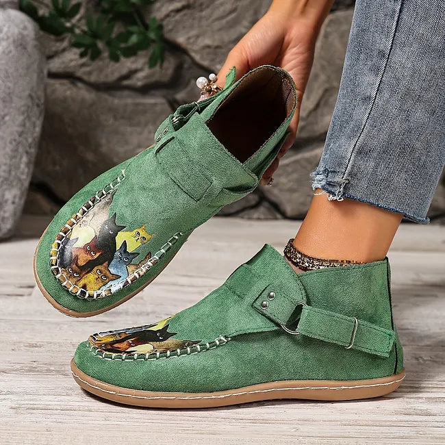 Viktoriy - Cat Print Flat Ankle Boots with Buckle