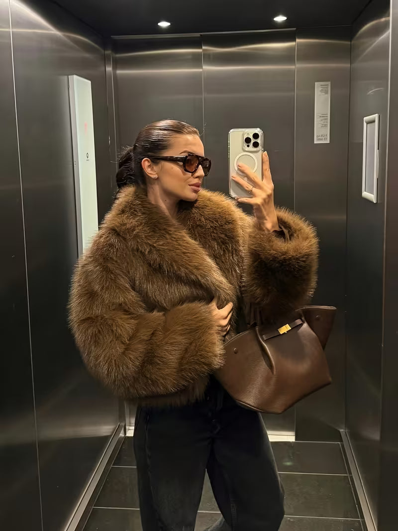 Jorida - Faux Fur Oversized Cropped Lapel Jacket