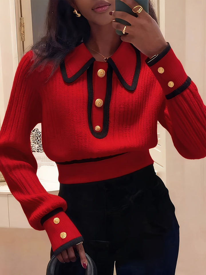 Dilnaz - Long Sleeve Contrast Trim Button Sweater