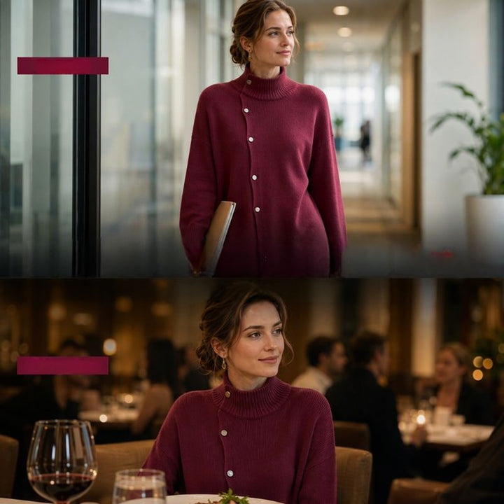 Hiroko - Longline Knit Sweater With Turtleneck and Buttons