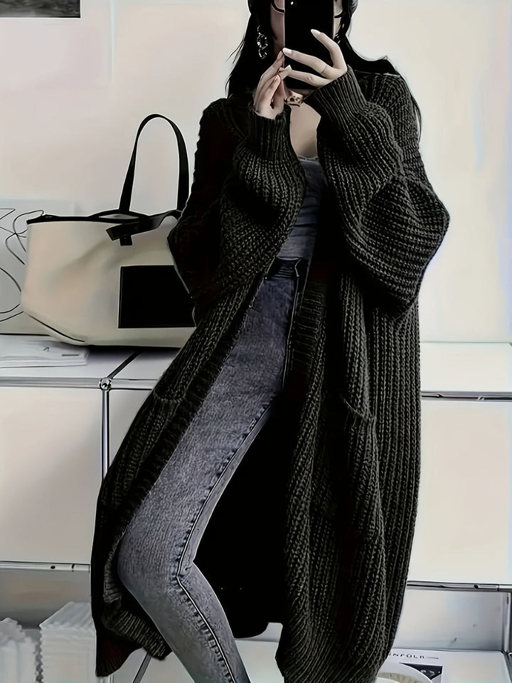 Ludivine - Cozy Open Front Long Knit Cardigan With Pocket