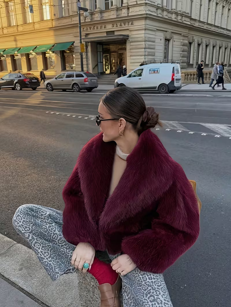 Jorida - Faux Fur Oversized Cropped Lapel Jacket