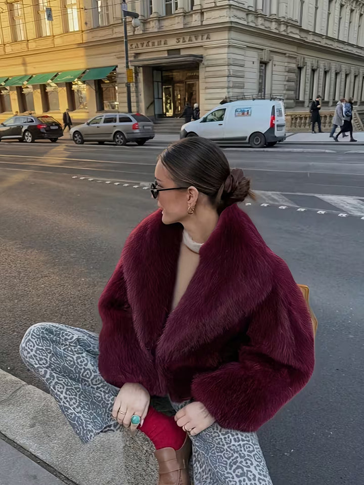 Jorida - Faux Fur Oversized Cropped Lapel Jacket