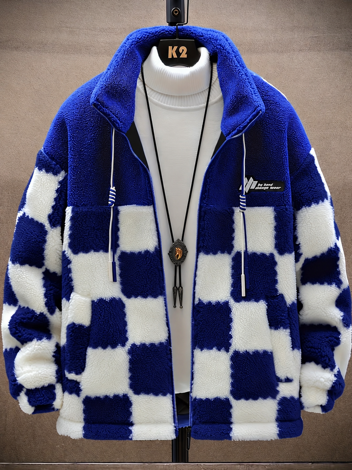 Melany - Hooded Zip Up Checkered Fleece Jacket
