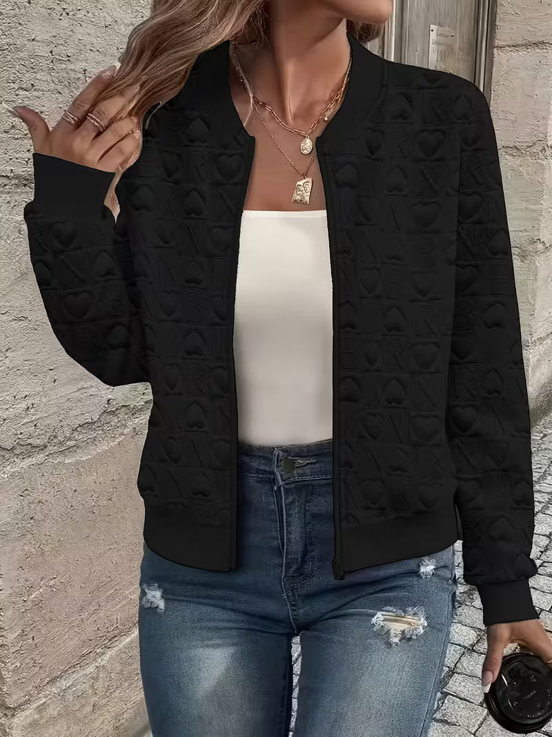 Lojina - Embossed Heart Pattern Zip-Up Jacket