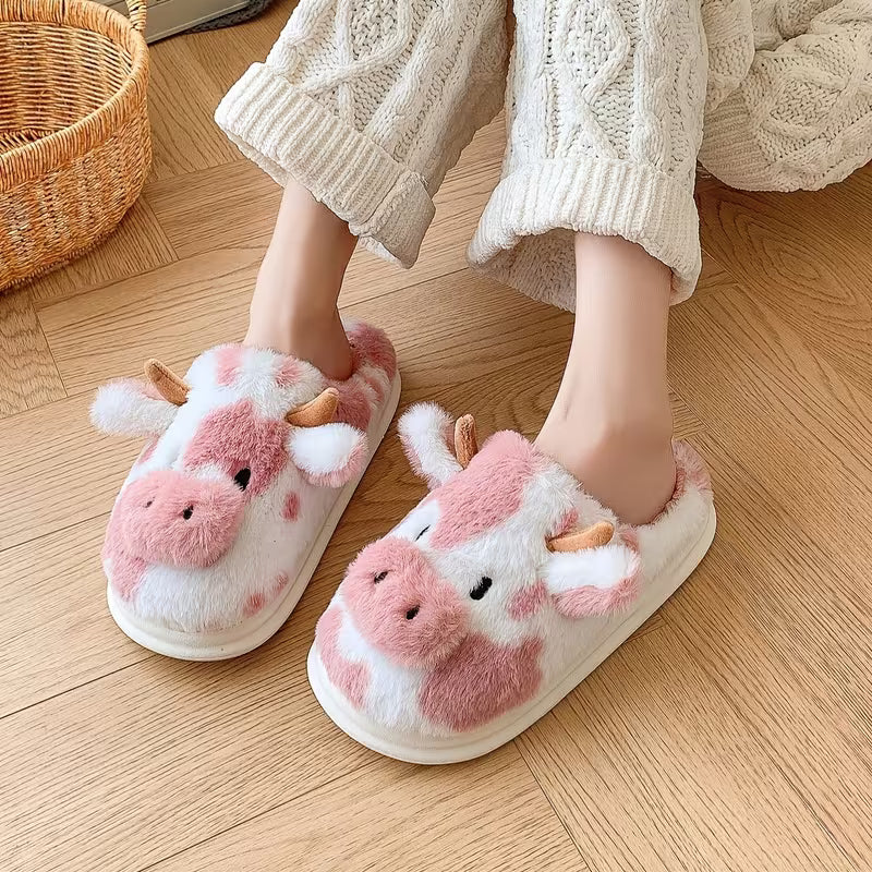 Faliza - Spotted Cow Print Plush Indoor Slippers