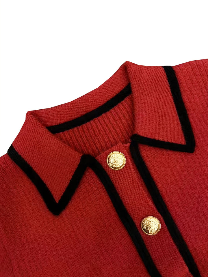 Dilnaz - Long Sleeve Contrast Trim Button Sweater