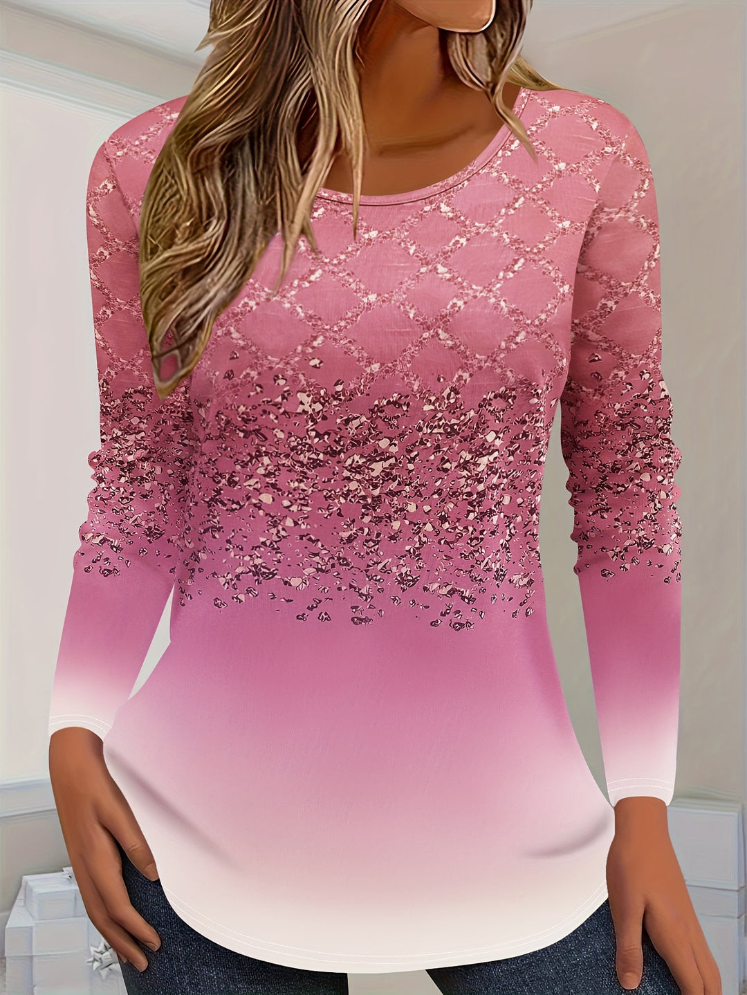 Mynon - Gradient Lattice Print Long Sleeve T-Shirt