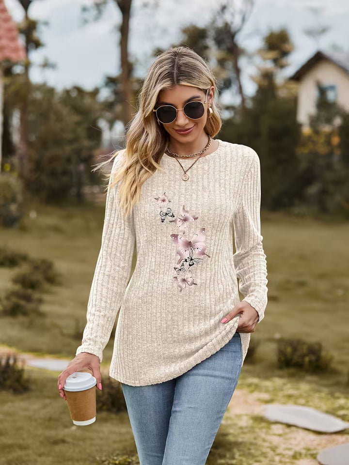 Zabina - Butterfly Print Ribbed Top