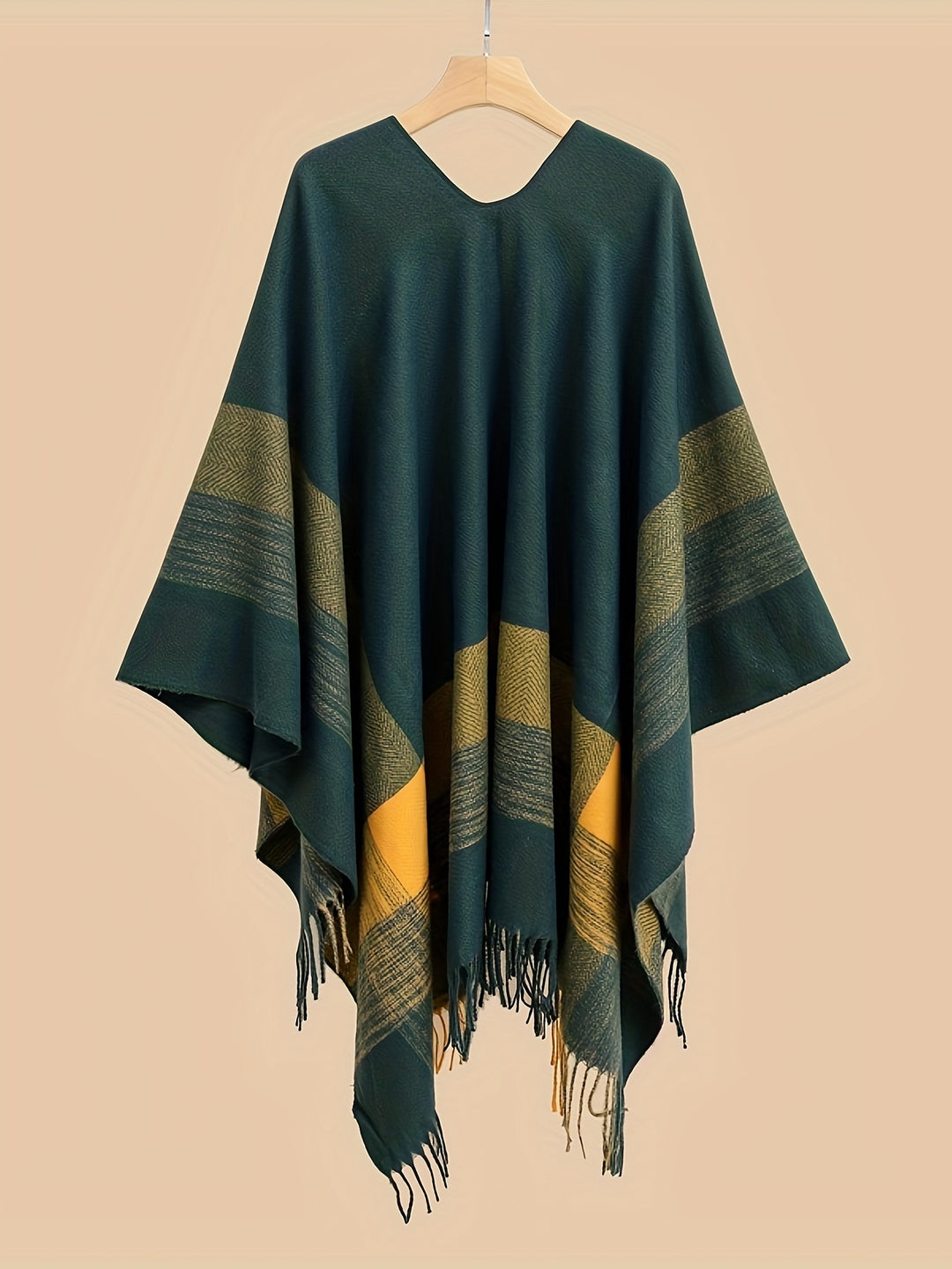 Kyrine - Geometric Pattern Fringed Poncho Shawl Wrap