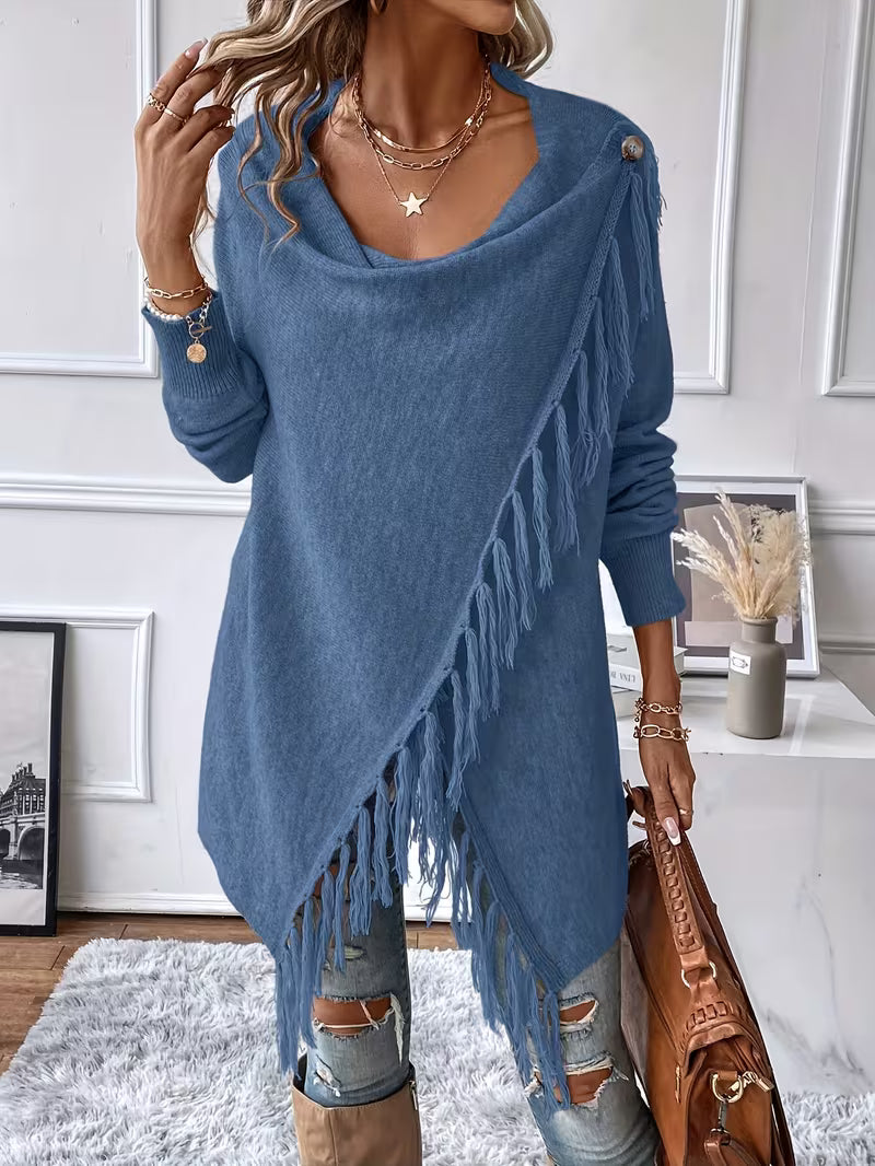 Busra - Draped Neck Cardigan With Fringed Trim