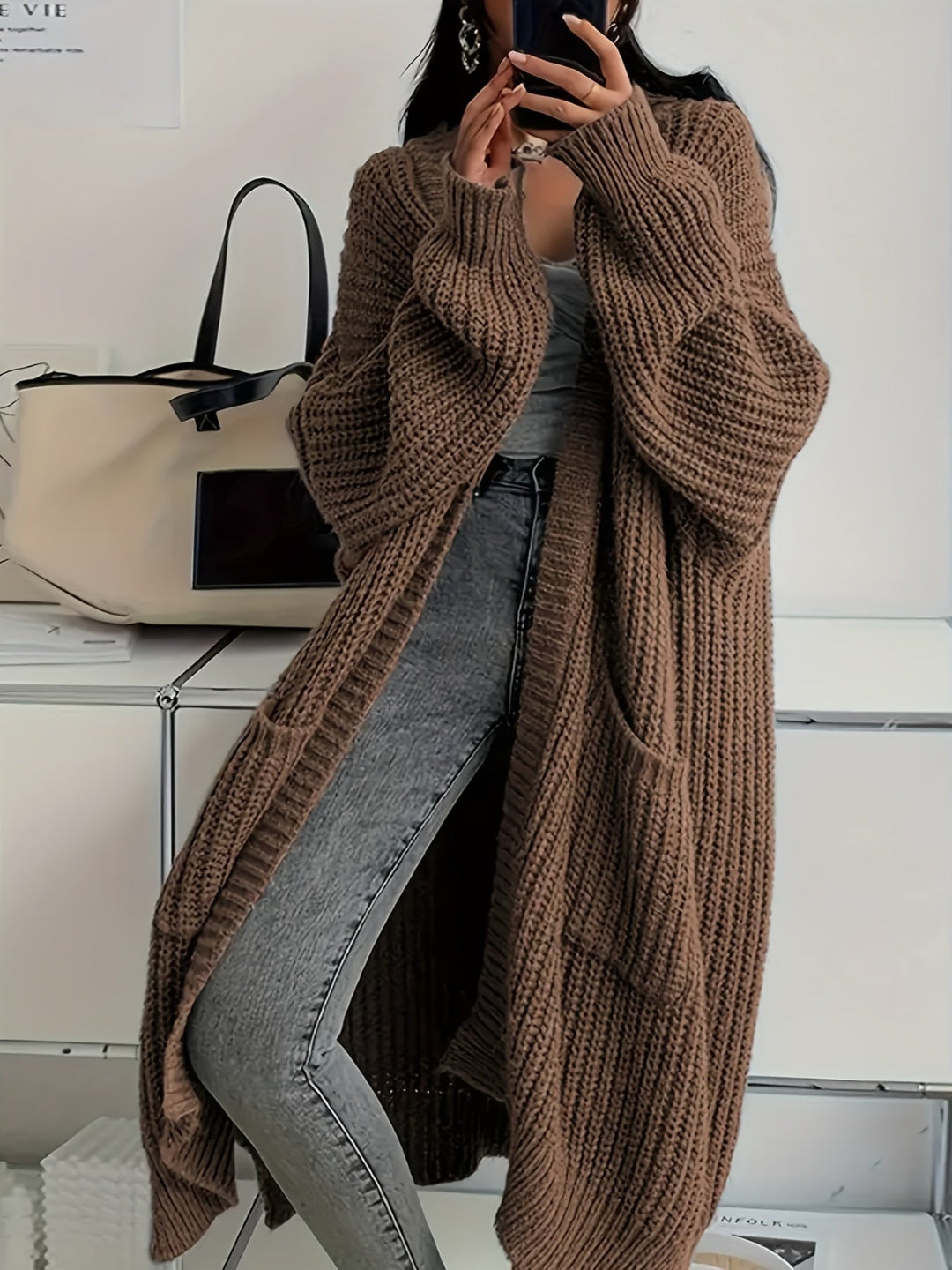 Ludivine - Cozy Open Front Long Knit Cardigan With Pocket