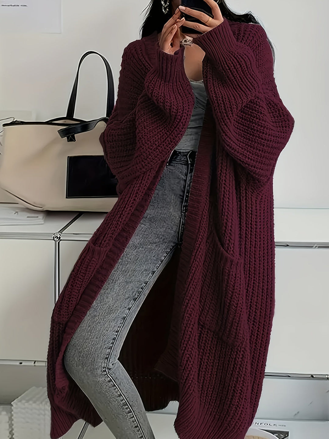 Ludivine - Cozy Open Front Long Knit Cardigan With Pocket
