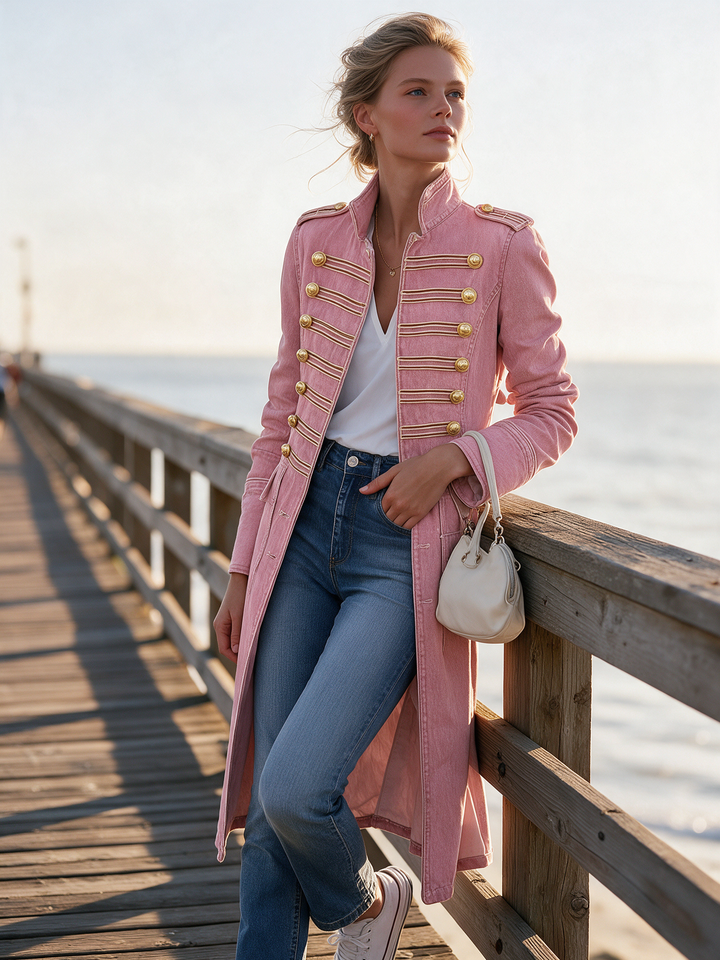 Latia - Long Sleeve Coat With Stand Collar
