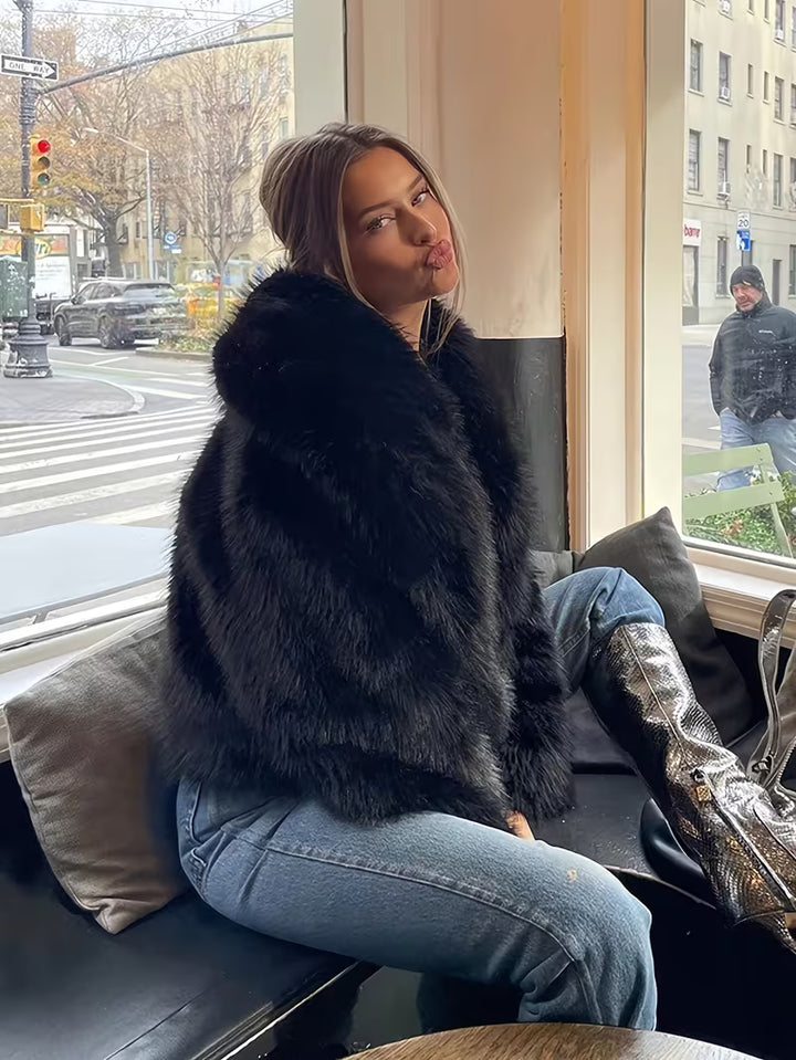 Jorida - Faux Fur Oversized Cropped Lapel Jacket